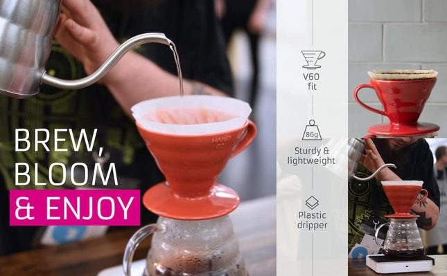 Hario V60 Plastic Coffee Dripper | V-Shaped Cone Coffee Dripper With Heat Retention, Red, Size 02