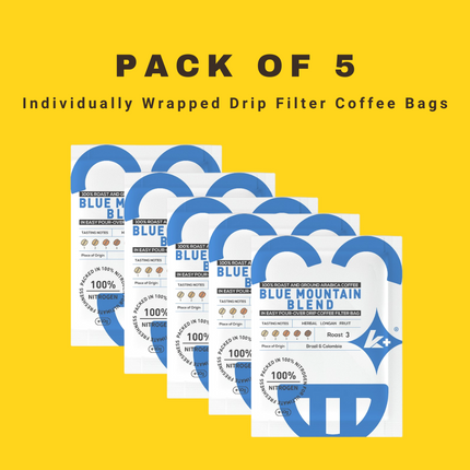 K+ Drip Coffee Bags | 100% Arabica Ground Coffee in Single Serve Portable Pour Over Filter Coffee Bags | Medium - Dark Roasted | Pack of 5 Coffee Bags (Blue Mountain Blend)