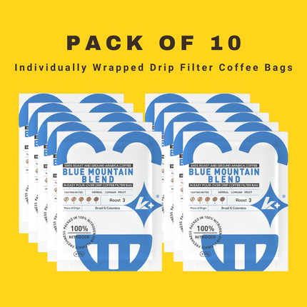K+ Drip Coffee Bags | 100% Arabica Ground Coffee in Single Serve Portable Pour Over Filter Coffee Bags | Medium - Dark Roasted | Pack of 10 Coffee Bags (Blue Mountain Blend)