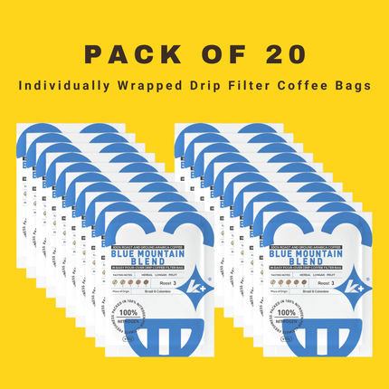 K+ Drip Coffee Bags | 100% Arabica Ground Coffee in Single Serve Portable Pour Over Filter Coffee Bags | Medium - Dark Roasted | Pack of 20 Coffee Bags (Blue Mountain Blend)