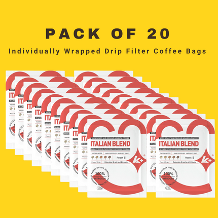 K+ Drip Coffee Bags | 100% Arabica Ground Coffee in Single Serve Portable Pour Over Filter Coffee Bags | Medium - Dark Roasted | Pack of 20 Coffee Bags